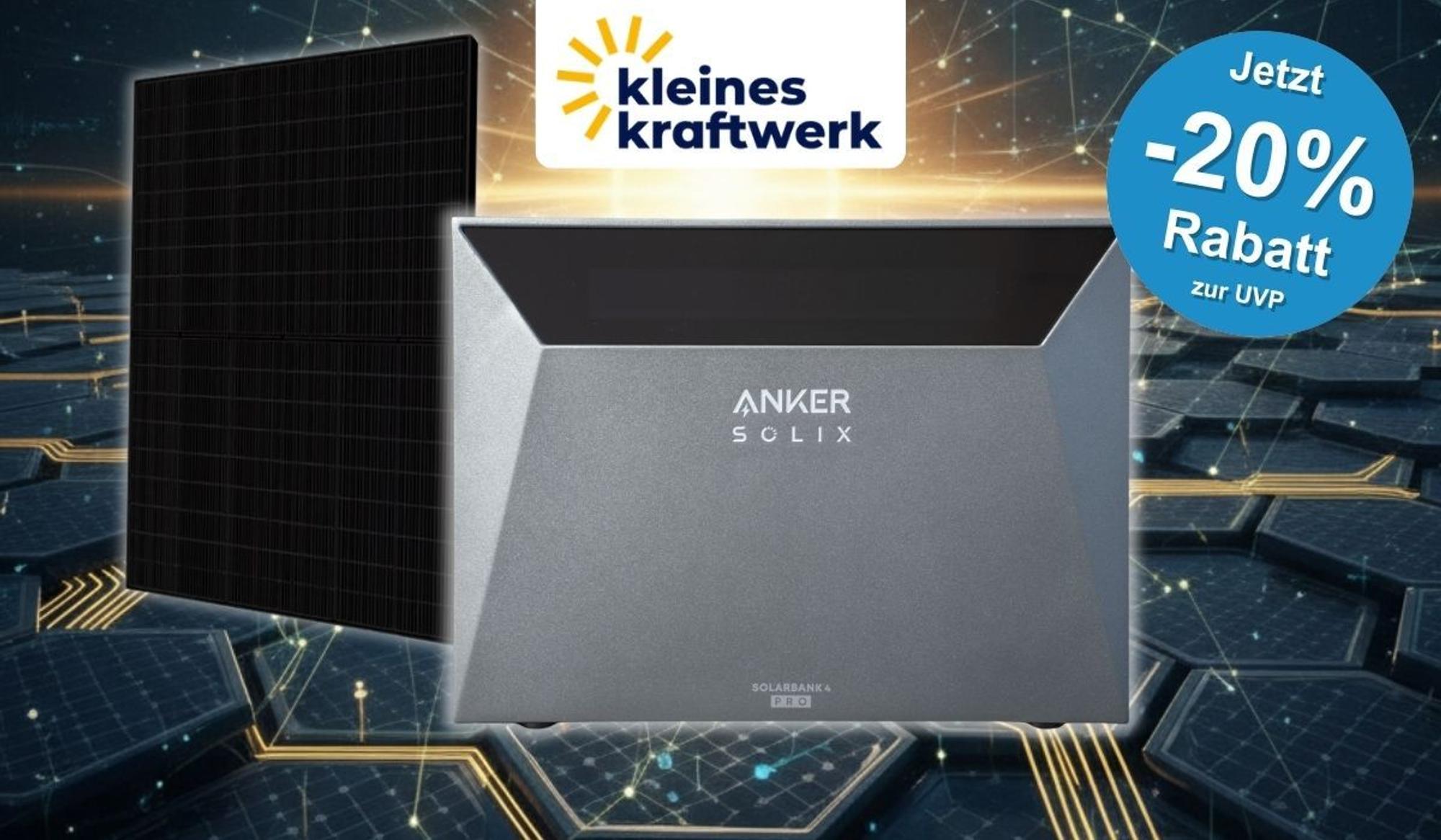 Anker SOLIX Solarbank 4 Pro Solarspeicher neben einem Solarmodul vor einem futuristischen Solarfeld, Logo von Kleines Kraftwerk, Hinweis auf 20 Prozent Rabatt zur UVP.