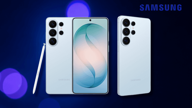 Das Samsung Galaxy S26 Ultra vor einem blauen Hintergrund.
