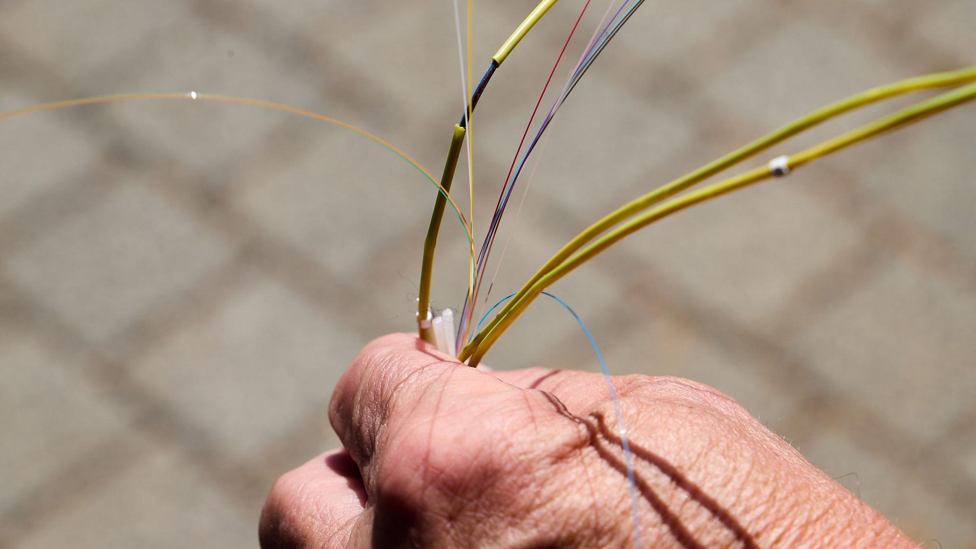 Ein Hand hält ein aufgesplittetes Glasfaserkabel.