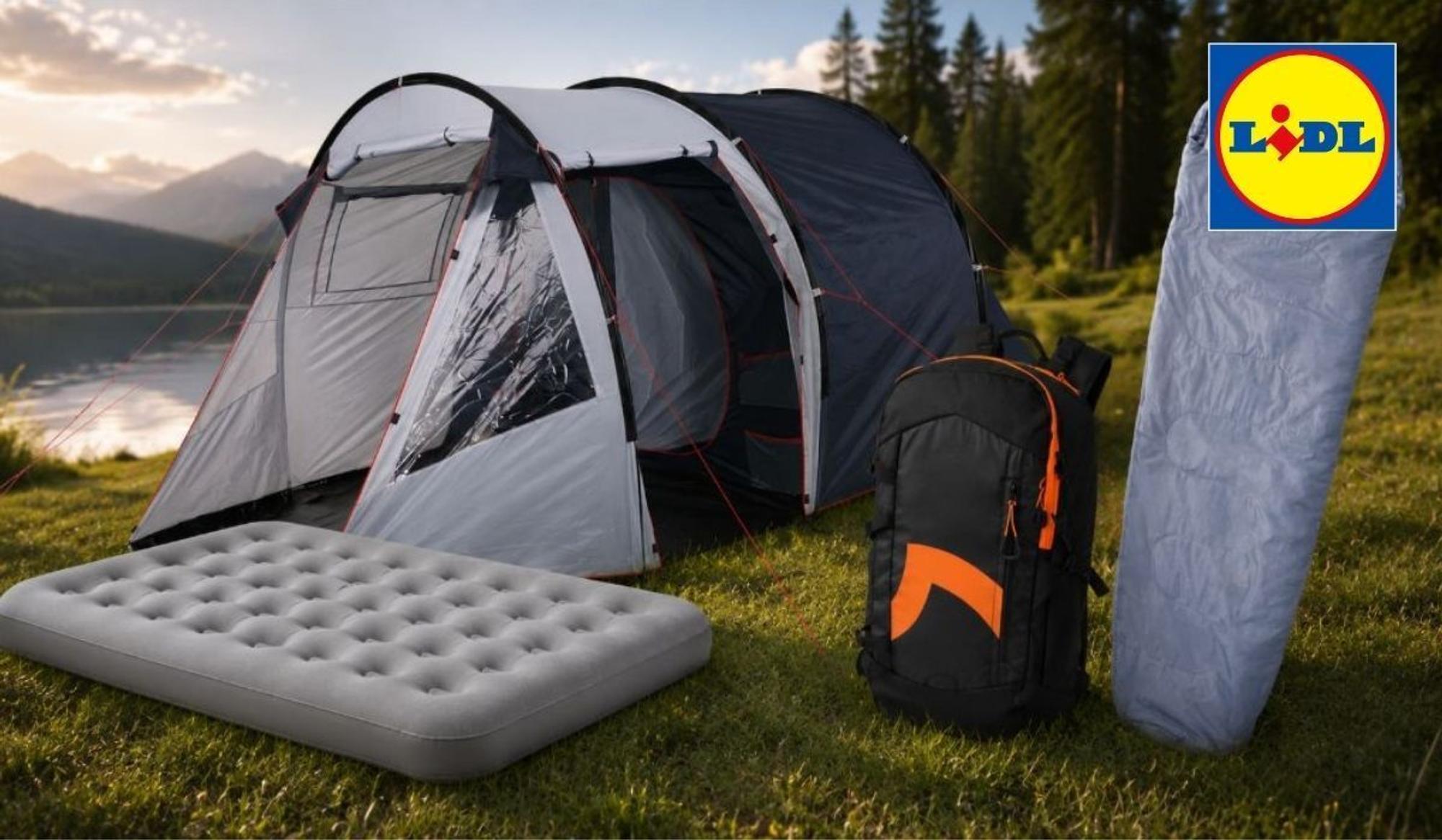 Camping Produkte wie Zelt, Luftbett, Schlafsack vor einer idyllischen Landschaft am Abend in der Natur.