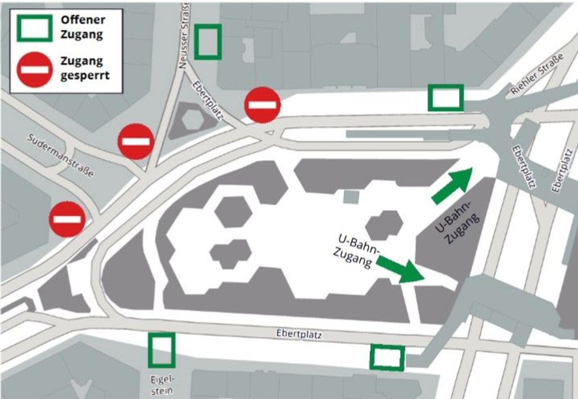 Übersicht über die Zugänge am Ebertplatz