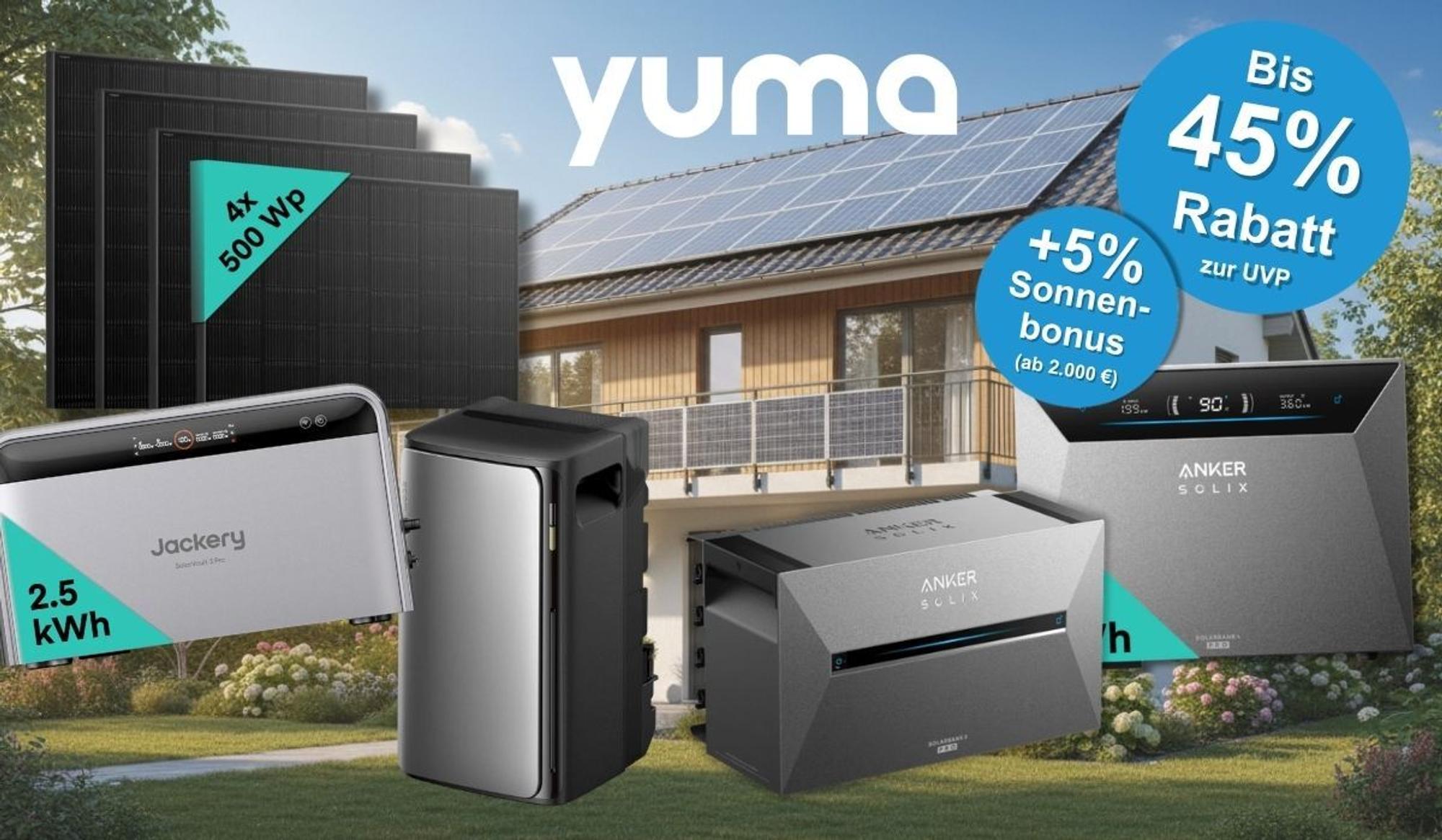 Jackery SolarVault 3 Pro (2,5 kWh) und mehrere Anker Solix Heimspeicher sowie vier Solarmodule à 500 Wp vor einem modernen Einfamilienhaus mit Solardach und sommerlichem Garten. Blauer Button mit Hinweis auf bis zu 45 % Rabatt zur UVP und 5 % Sonnenbonus ab 2.000 Euro Bestellwert.