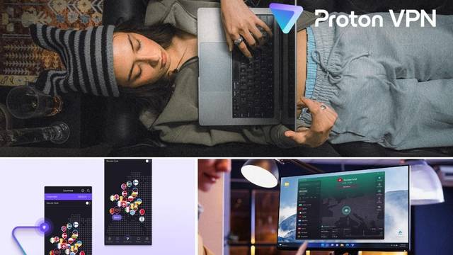 Proton VPN: Nutzerin mit Laptop, App-Übersicht am Monitor mit Serverstandort Schweiz sowie Smartphone-Screenshots der Proton VPN Länderauswahl und Secure-Core-Funktion