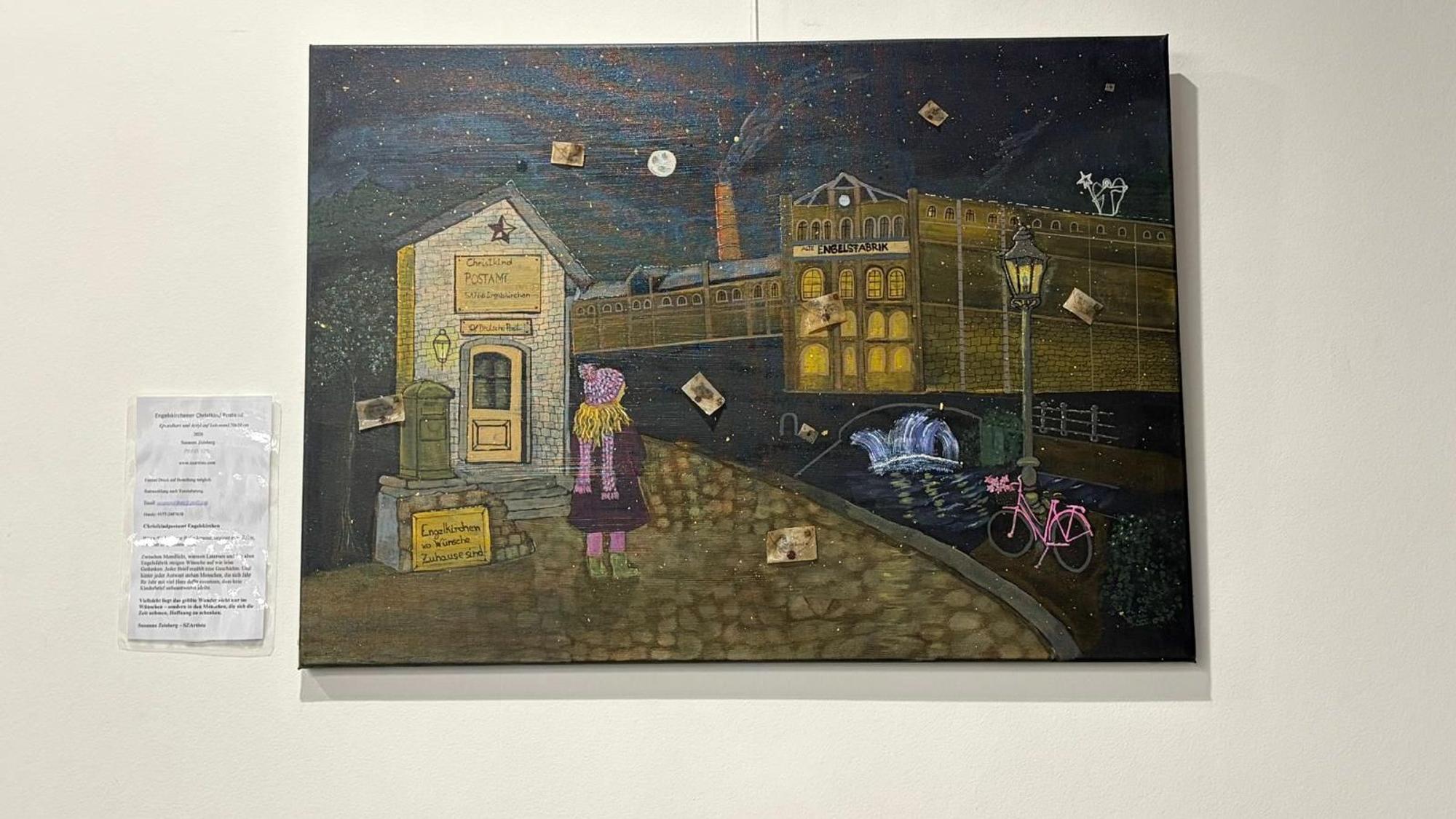 Das Werk „Christkindpostamt Engelskirchen“ von Susanne Zeisberg verbindet Epoxidharz und Acryl mit einer Geschichte über Wünsche und den Zauber der Weihnachtszeit.
