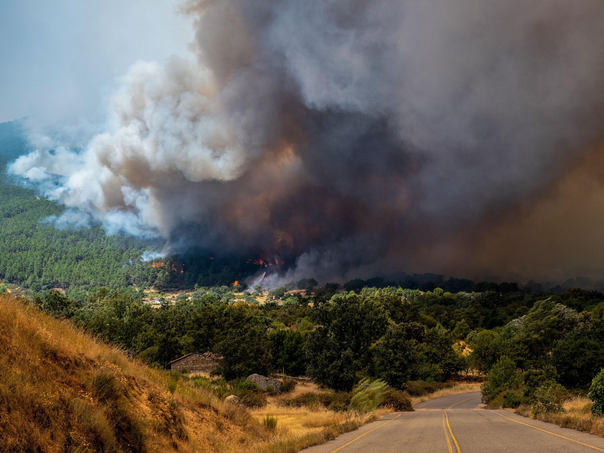 Eine dichte Rauchsäule in der Nähe von El Castañar de El Tiemblo steigt während eines Waldbrandes auf. Die Stadtverwaltung von Ávila hat eine Hilfsaktion für die aus El Tiemblo evakuierten Einwohner gestartet.