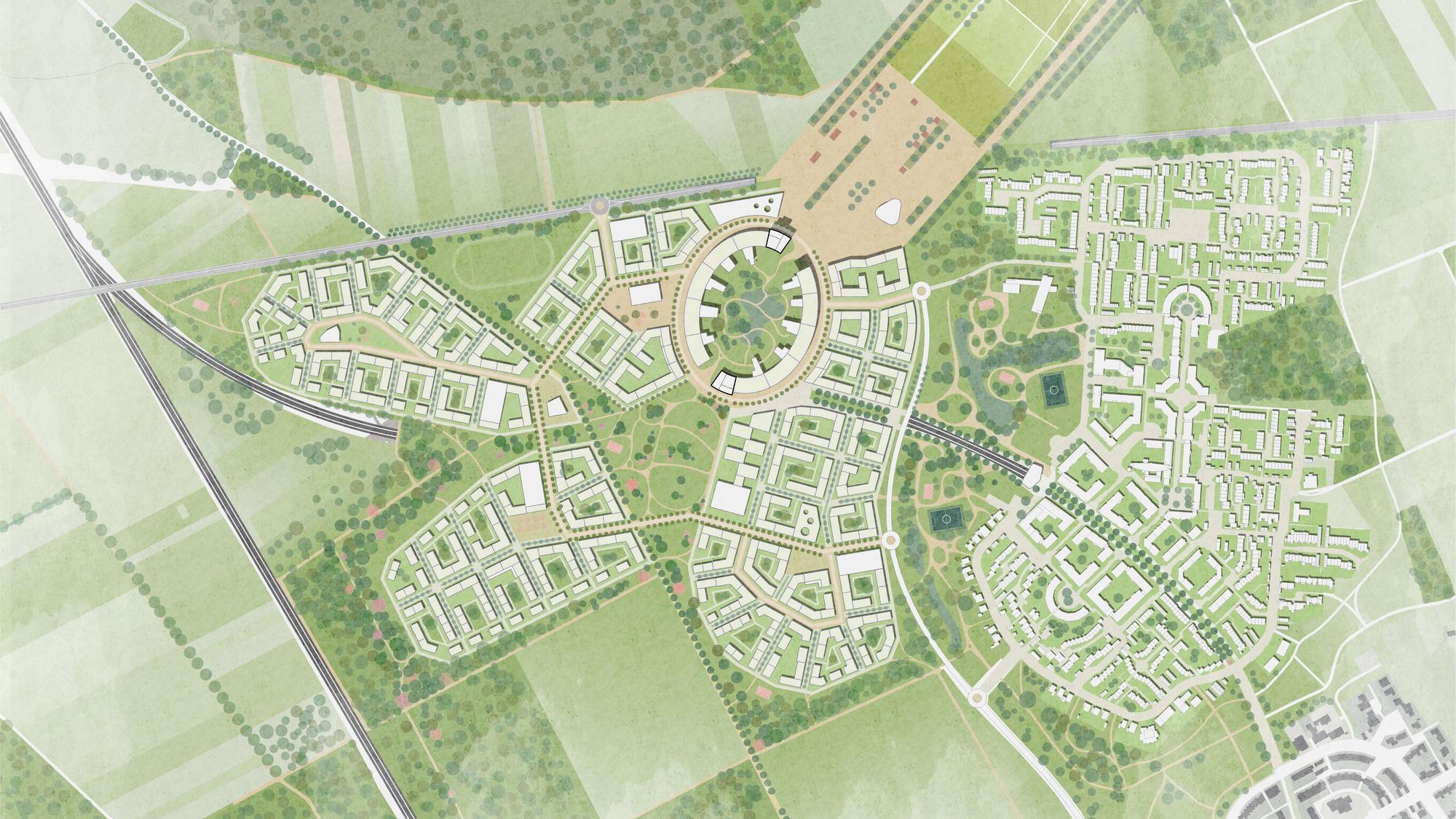 Der geplante Kölner Stadtteil Kreuzfeld nach dem Rückbau des Olympiastadions, die Wohnbebauung ist näher an den Stadion-Nukleus des Viertels herangerückt.