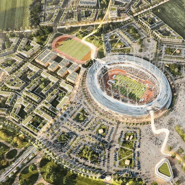 So sollen Olympiastadion und Olympisches und Paralympisches Dorf im späteren Kölner Stadtteil Kreuzfeld aussehen, rechts begrenzt der Blumenbergsweg das Areal.