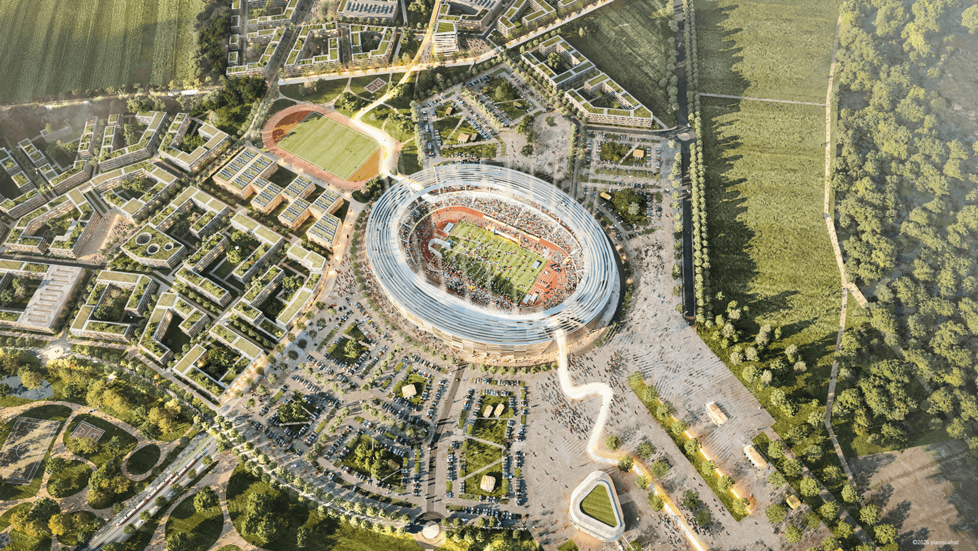 So sollen Olympiastadion und Olympisches und Paralympisches Dorf im späteren Kölner Stadtteil Kreuzfeld aussehen.
