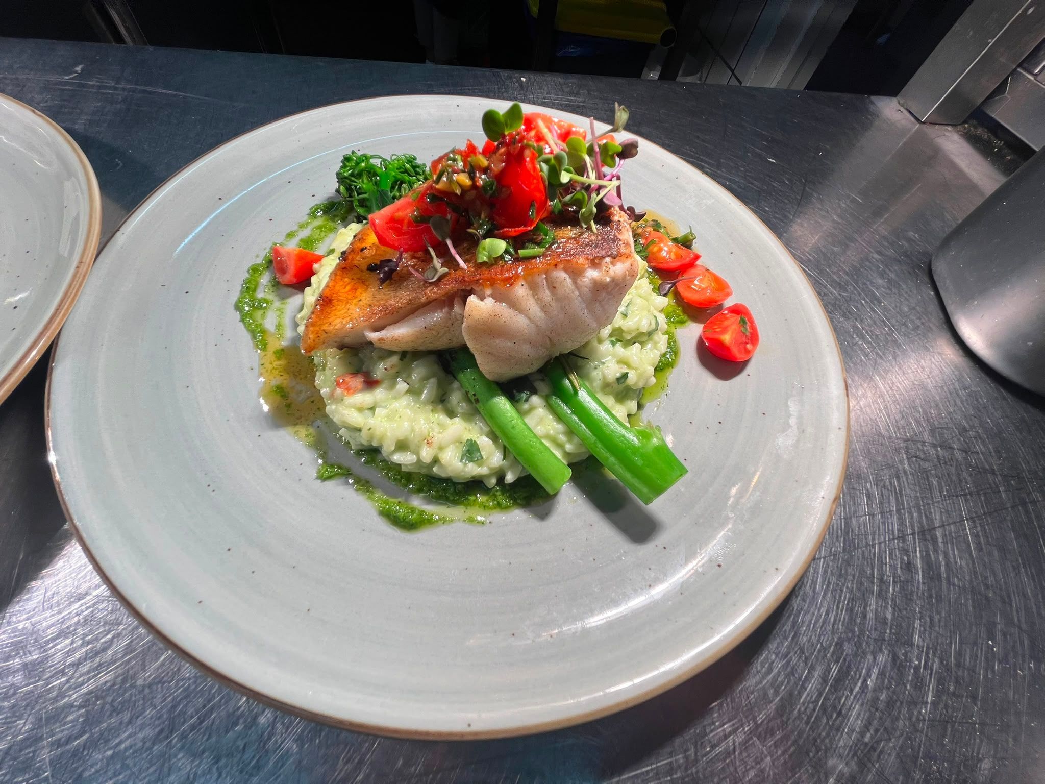 Ein Klassiker: Wilder Zander auf Risotto Verde mit wildem Brokkoli.