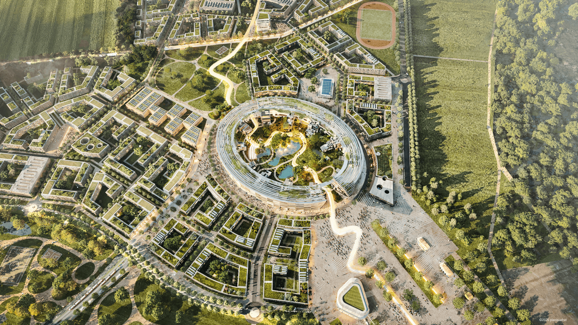 So soll der Kölner Stadtteil Kreuzfeld nach dem Rückbau des Olympiastadions aussehen, der Aufwärmplatz ist zur „Grünen Mitte“ des Viertels, der Stadion-Innenraum zu einem Park geworden.