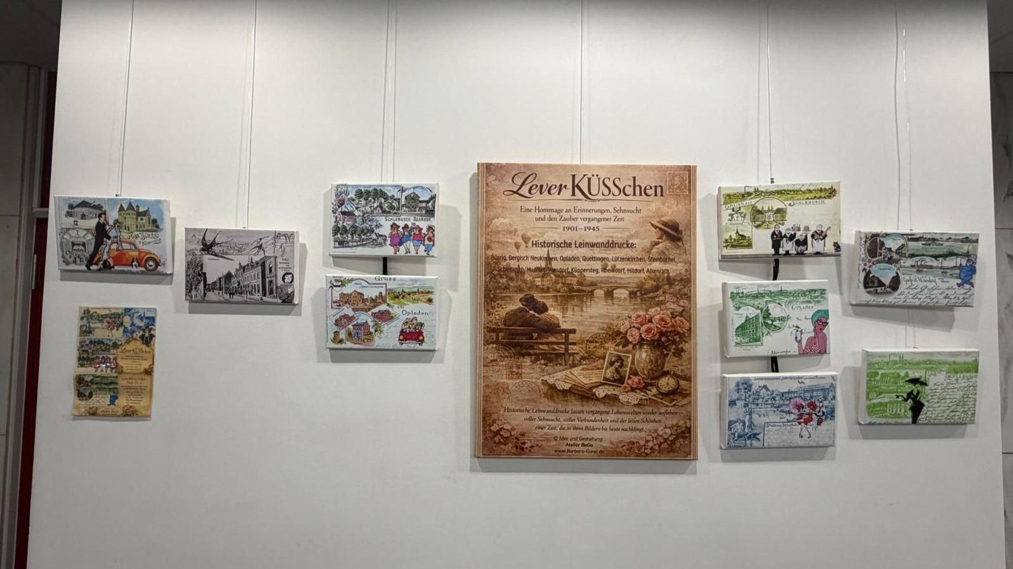 Historische Leverkusener Postkarten treffen in Barbara Gorels „Leverküsschen“ auf moderne Pop-Art.
