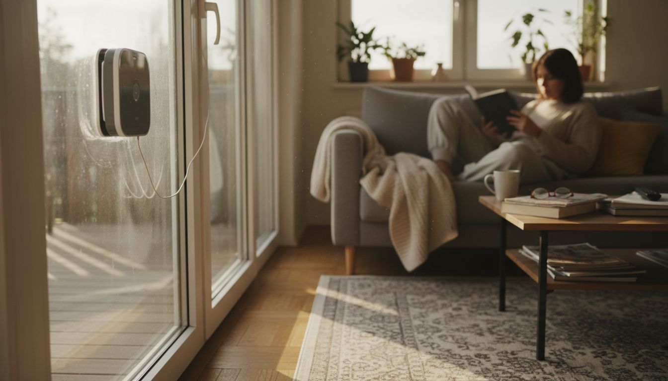 Ein Fensterputzroboter reinigt eine große Glasfront im Wohnzimmer; im Hintergrund sitzt eine Person entspannt auf dem Sofa und liest, Sonnenlicht fällt durch das Fenster