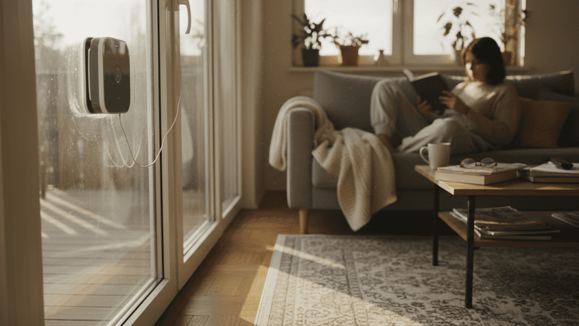 Ein Fensterputzroboter reinigt eine große Glasfront im Wohnzimmer; im Hintergrund sitzt eine Person entspannt auf dem Sofa und liest, Sonnenlicht fällt durch das Fenster