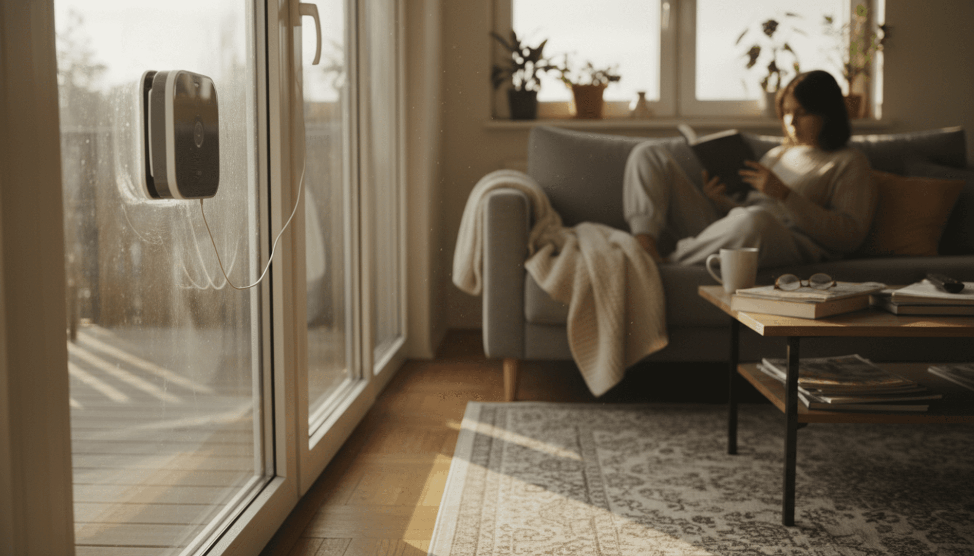 Ein Fensterputzroboter reinigt eine große Glasfront im Wohnzimmer; im Hintergrund sitzt eine Person entspannt auf dem Sofa und liest, Sonnenlicht fällt durch das Fenster