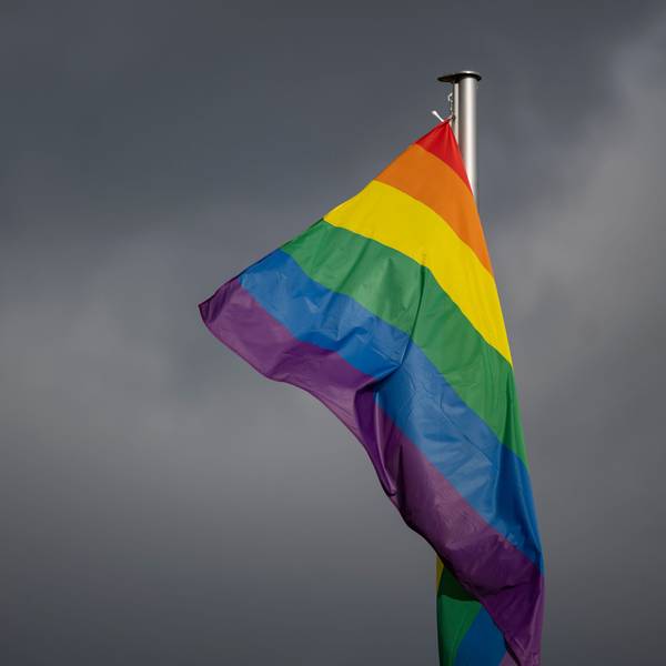 Eine Regenbogenflagge hängt an einem Mast. In Berlin war am Samstag am Rande des Christopher Street Day ein Mann mit einem Fahrzeug in eine Menschenmenge gefahren. (Archivbild)