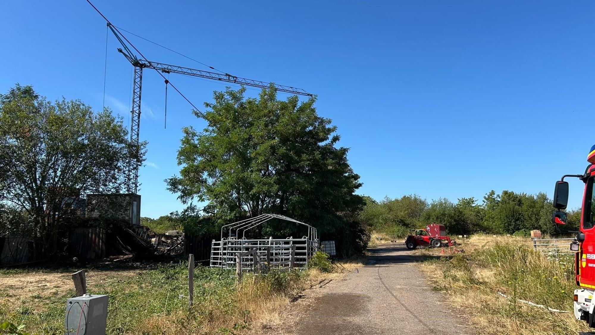 In Bornheim Hersel brannt eine Lagerhalle komplett aus. Die Nachlöscharbeiten zogen sich bis in den Vormittag hin.