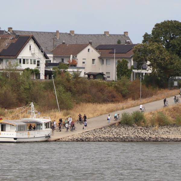 Das Bild zeigt, wie Personen die Fähre Rheinschwan verlassen und betreten.