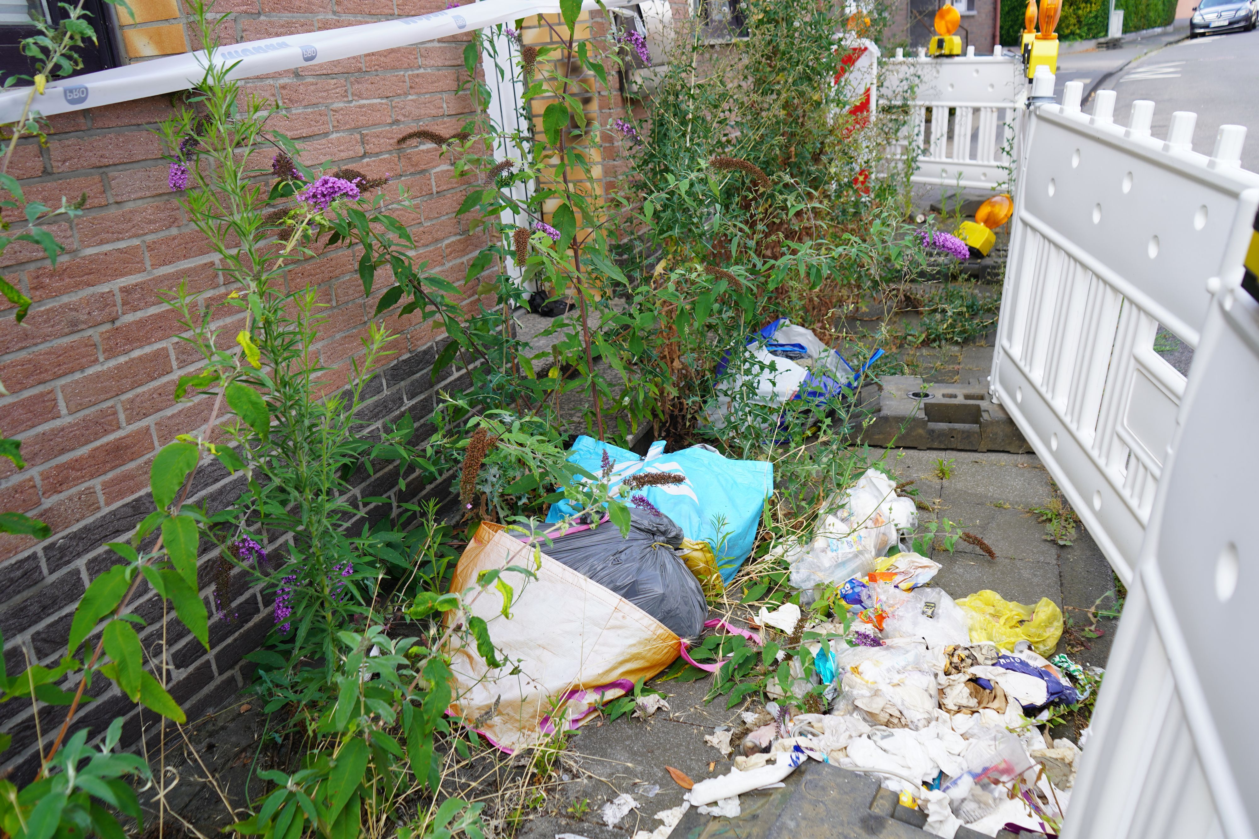 Das Bild zeigt Mülltüten und Unkraut auf dem Gehweg vor dem Haus.