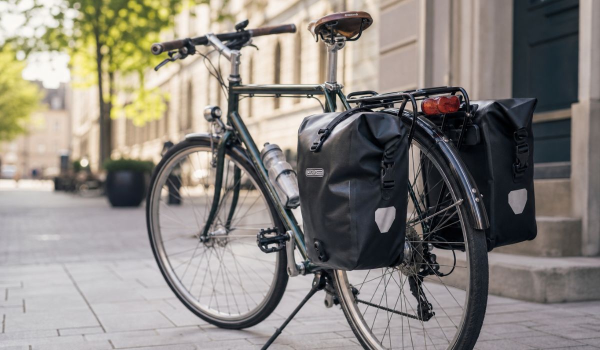 Ein Fahrrad mit Fahrradtaschen.