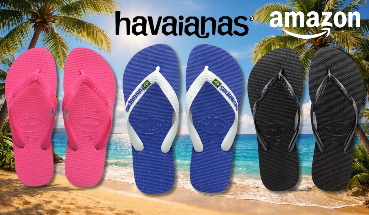 3 verschiedene Havaianas Modelle vor einem Strand abgebildet.