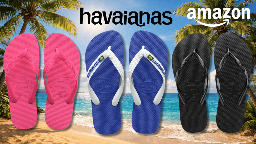 3 verschiedene Havaianas Modelle vor einem Strand abgebildet.