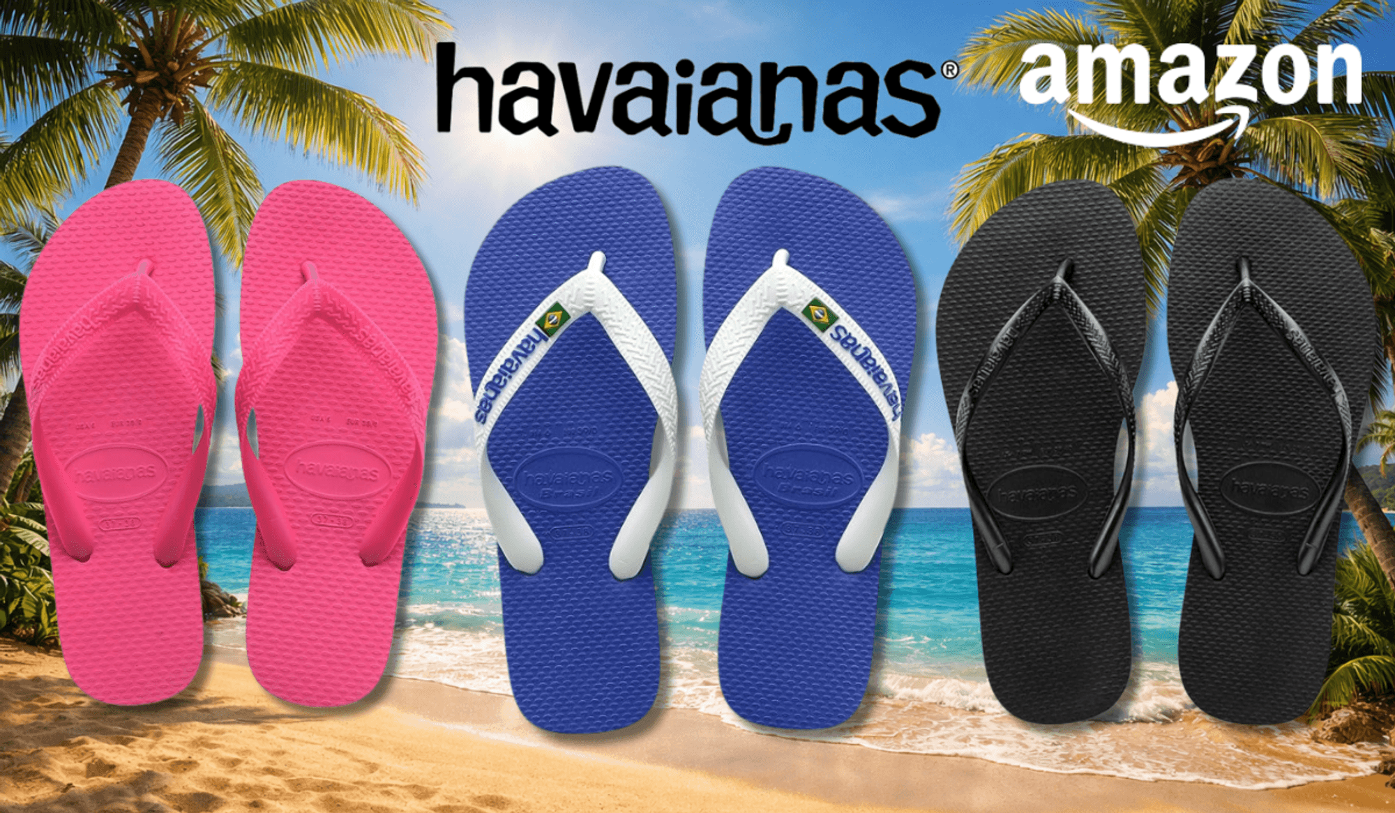 3 verschiedene Havaianas Modelle vor einem Strand abgebildet.