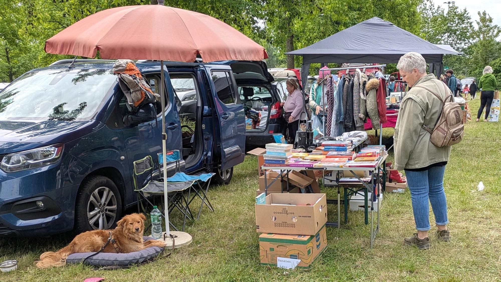 Aussteller und Besucher eines Flohmarkts.