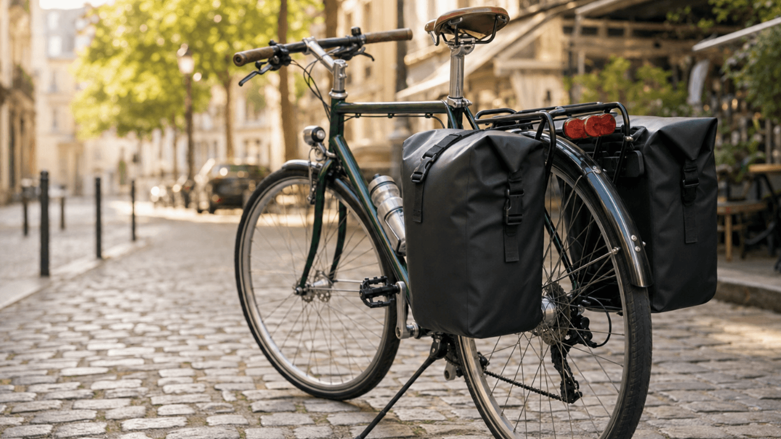 Ein Fahrrad mit Fahrradtaschen.