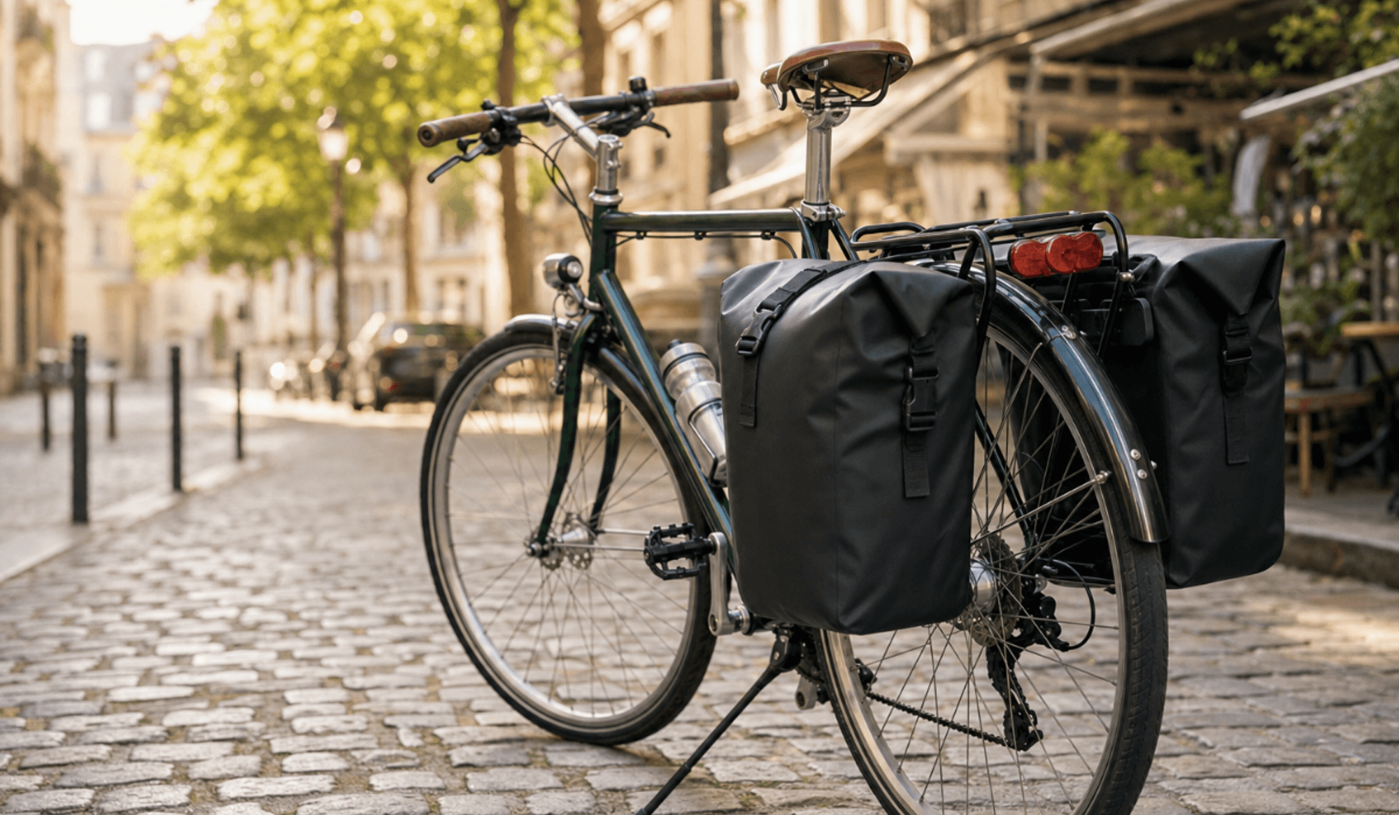 Ein Fahrrad mit Fahrradtaschen.