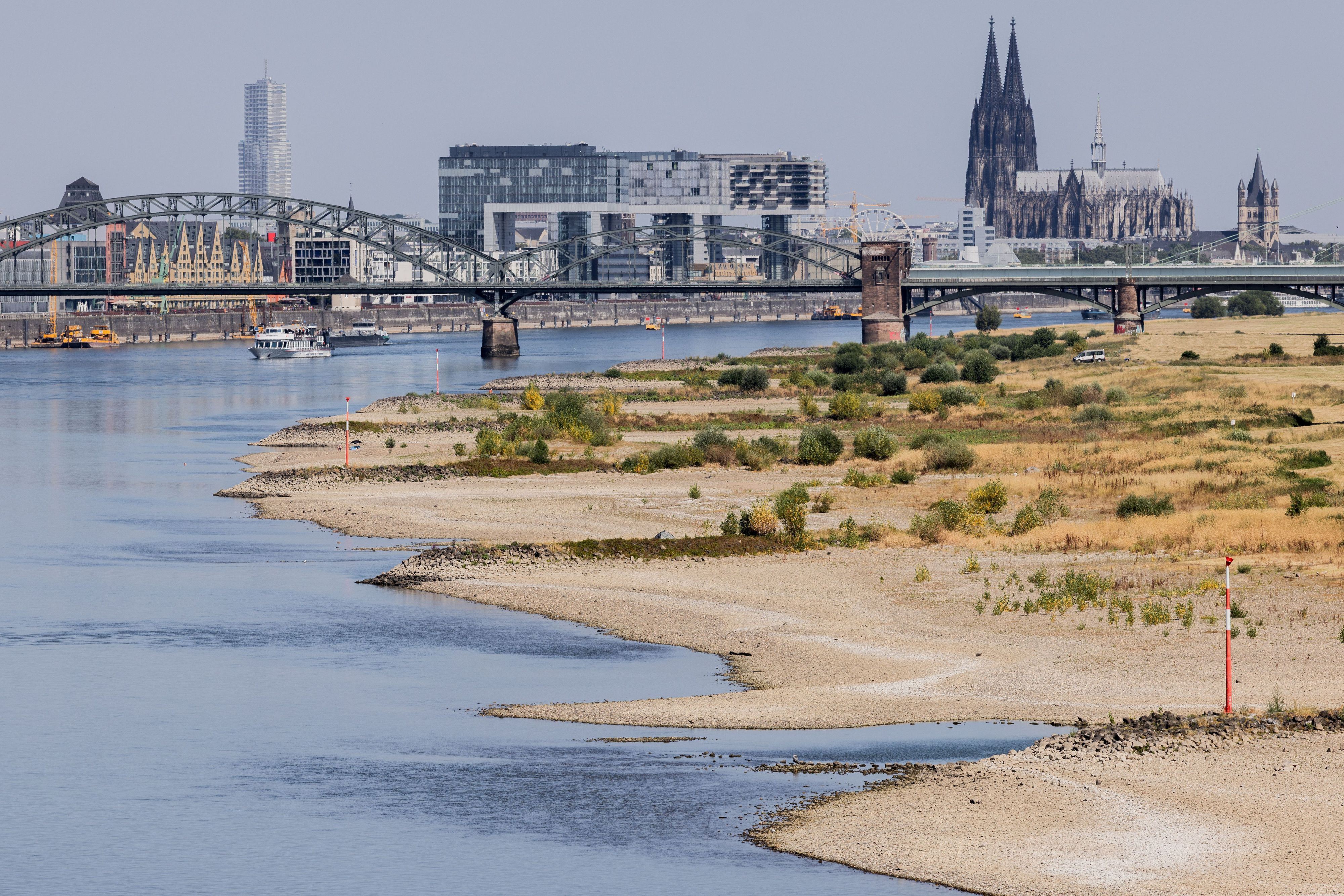 ARCHIV - 15.07.2026, Nordrhein-Westfalen, Köln: Binnenschiffe fahren bei Niedrigwasser vor der Kulisse des Kölner Doms über den Rhein. (zu dpa: «Wie das Niedrigwasser der Wirtschaft zusetzt») Foto: Rolf Vennenbernd/dpa +++ dpa-Bildfunk +++
