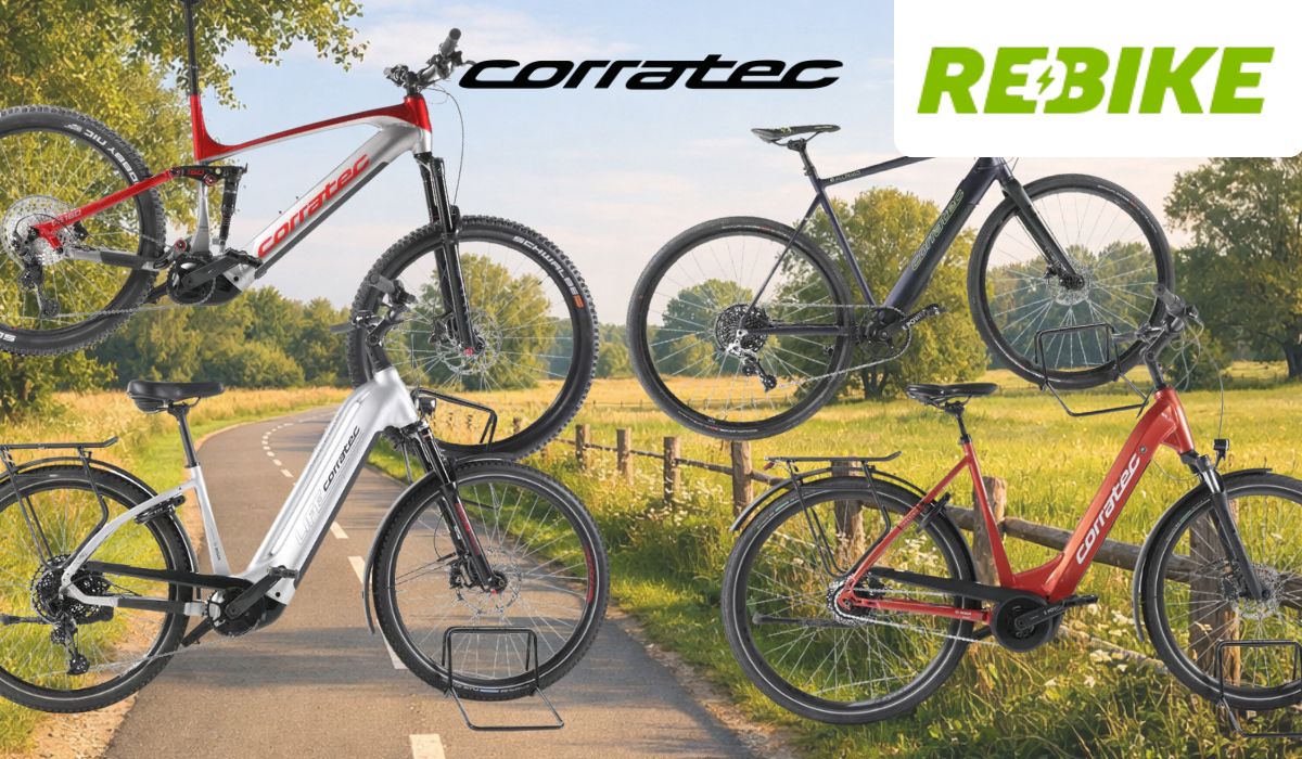 Corratec E-Bikes vor einem Hintergrund mit einer idyllischen Landstraße an einem strahlenden Sommernachmittag, ringherum viel Wiese und Wald. Zu sehen sind vier Fahrräder in den Farben Weiß, Rot und Dunkelgrau – darunter City- und Trekkingräder sowie ein Fully-Mountainbike. Oben die Logos von Rebike und Corratec, rechts oben ein blauer Button mit der Aufschrift „Bis -62% Rabatt zur UVP".