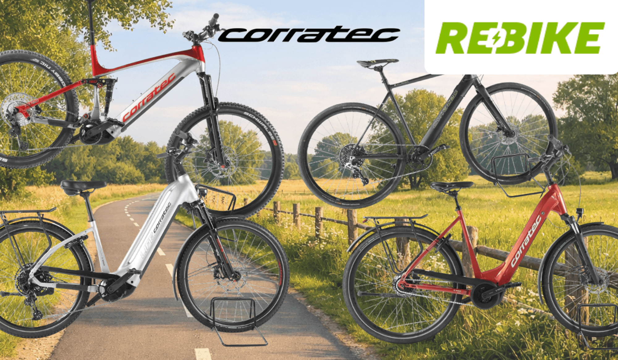 Corratec E-Bikes vor einem Hintergrund mit einer idyllischen Landstraße an einem strahlenden Sommernachmittag, ringherum viel Wiese und Wald. Zu sehen sind vier Fahrräder in den Farben Weiß, Rot und Dunkelgrau – darunter City- und Trekkingräder sowie ein Fully-Mountainbike. Oben die Logos von Rebike und Corratec, rechts oben ein blauer Button mit der Aufschrift „Bis -62% Rabatt zur UVP".