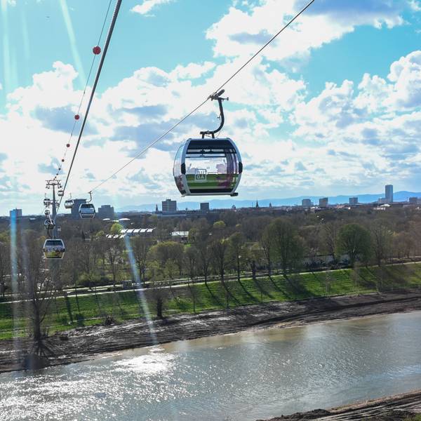 Vorbild Mannheim: Während der Bundesgartenschau 2023 beförderte eine provisorische Seilbahn Buga-Besucher über den Rhein.