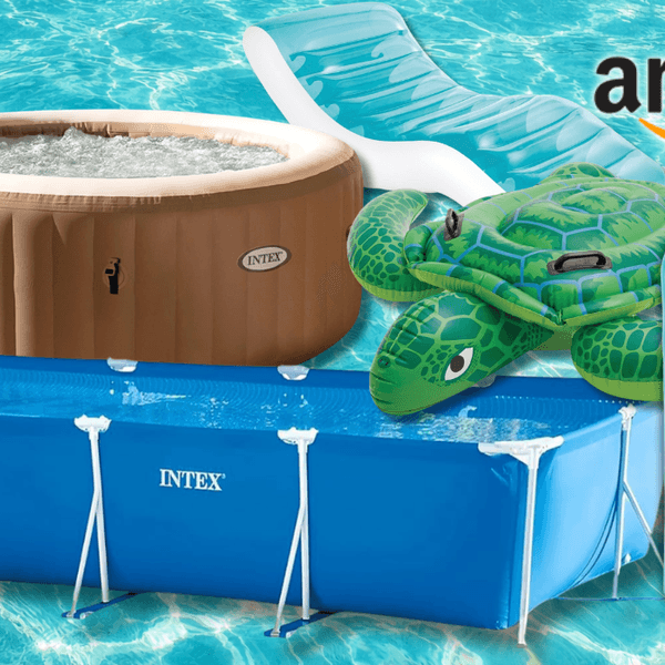 Intex Pools und Zubehör vor einem Wasser-Hintergrund.