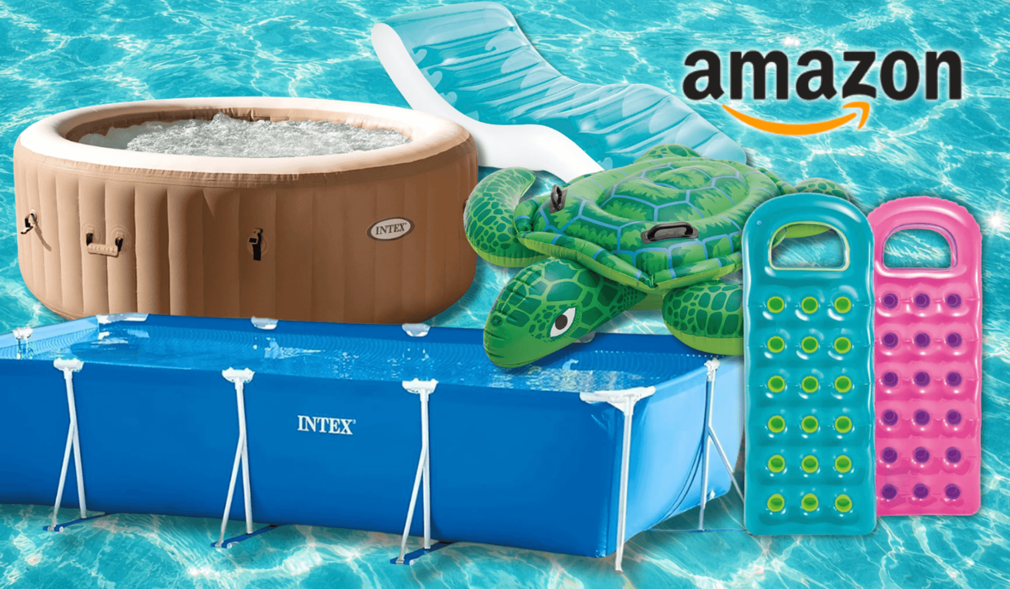 Intex Pools und Zubehör vor einem Wasser-Hintergrund.