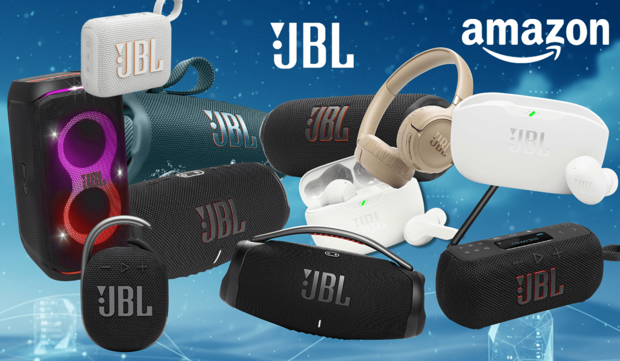 JBL Boxen, Speaker und Bluetooth-Kopfhörer wie PartyBox 120, JBL Go 4, JBL Flip 7, JBL Tuner 3, JBL Charge 6, JBL Tune 680 NC oder die JBL Wave Buds 2 vor einem blauen Hintergrund.