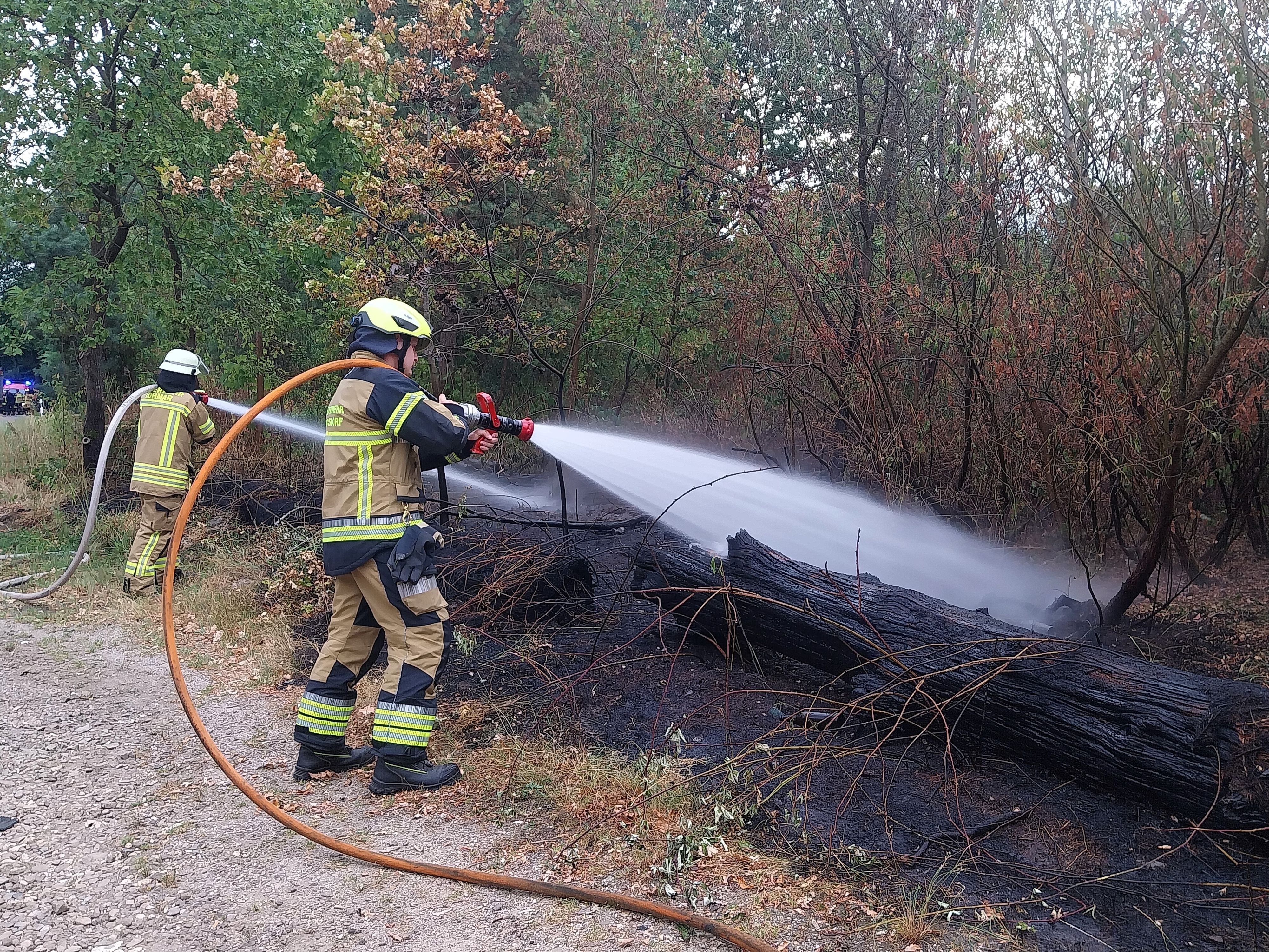 In der Wahner Heide an der Flughafenstraße löschte die Feuerwehr einen kleineren Flächenbrand.