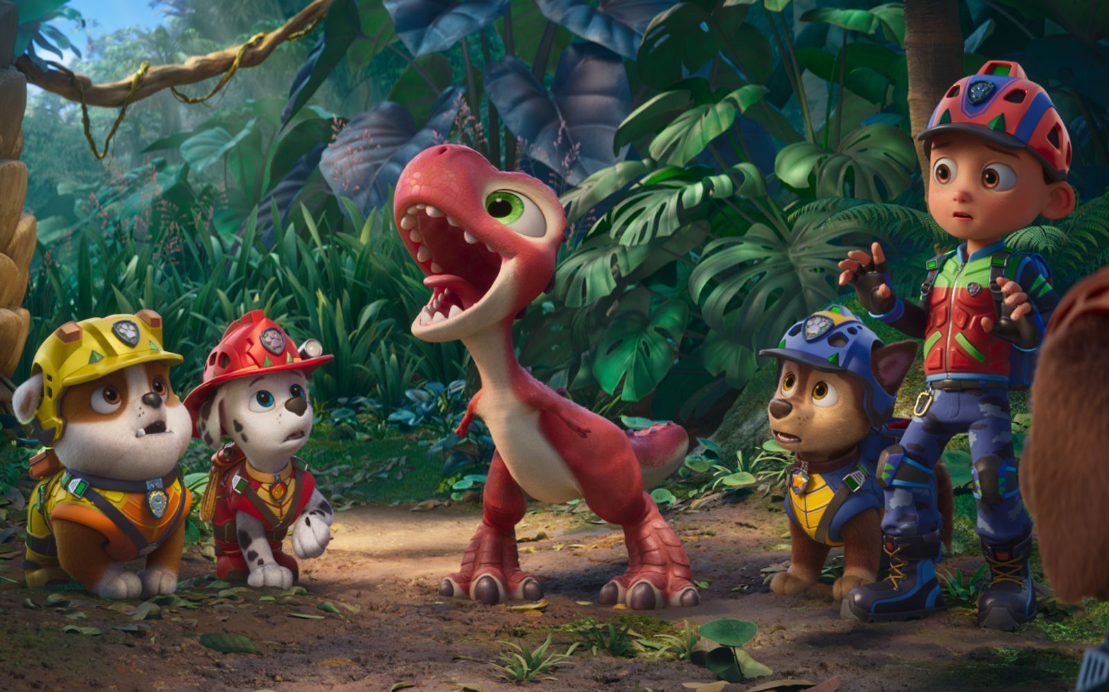Die „Paw Patrol“-Crew strandet in ihrem neuen „Dino“-Film auf einer geheimnisvollen Insel mit ganz besonderen Bewohnern, die es eigentlich gar nicht mehr geben dürfte. (Bild: 2026 Paramount Pictures & Spin Master Ltd. PAW PATROL)