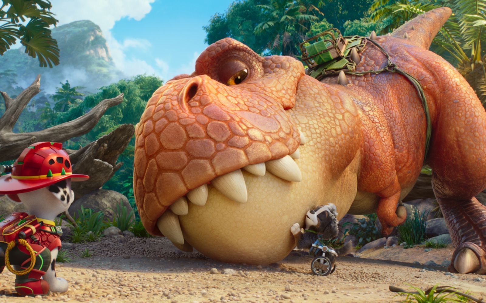 Feuerwehr-Dalmatiner Marshall staunt: Da ist ein Tyrannosaurus Rex und ein kleiner Hund, der zufällig auch Rex heißt. (Bild: 2026 Paramount Pictures & Spin Master Ltd. PAW PATROL)