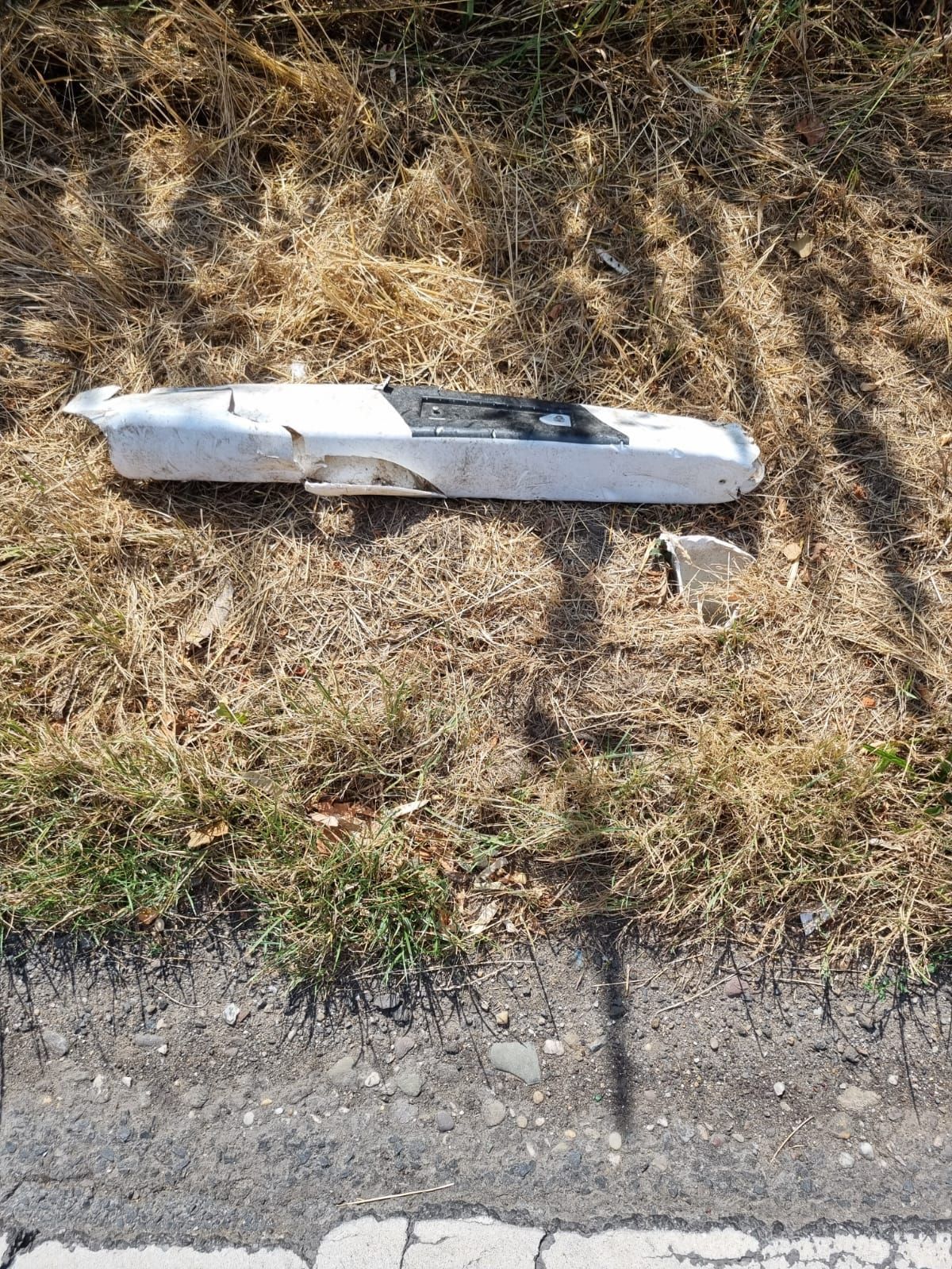 Ein zerstörter Leitpfosten liegt auf einer vertrockneten Wiese am Straßenrand.