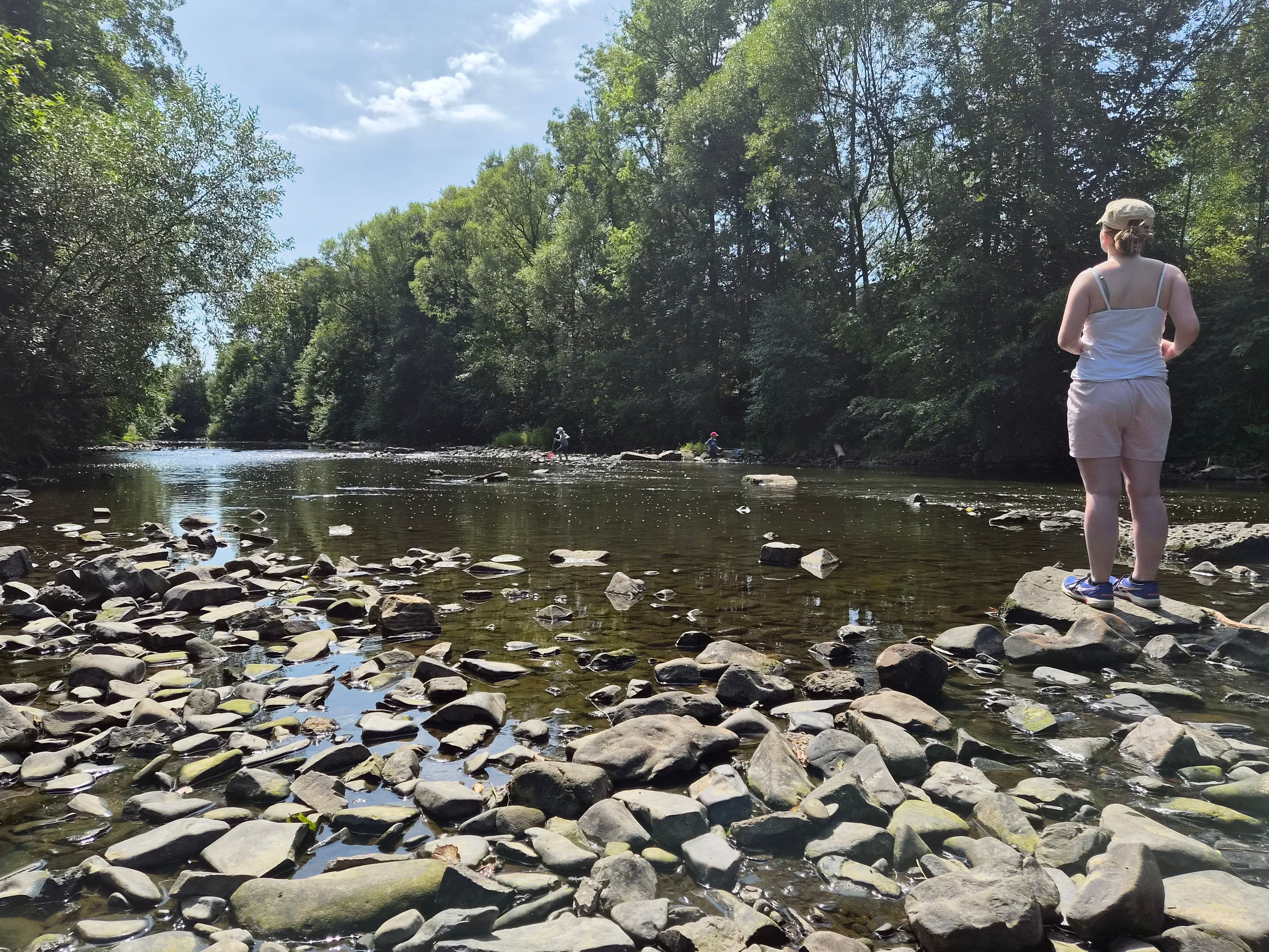 Ein Mädchen steht auf Steinen im flachen Flussbett.