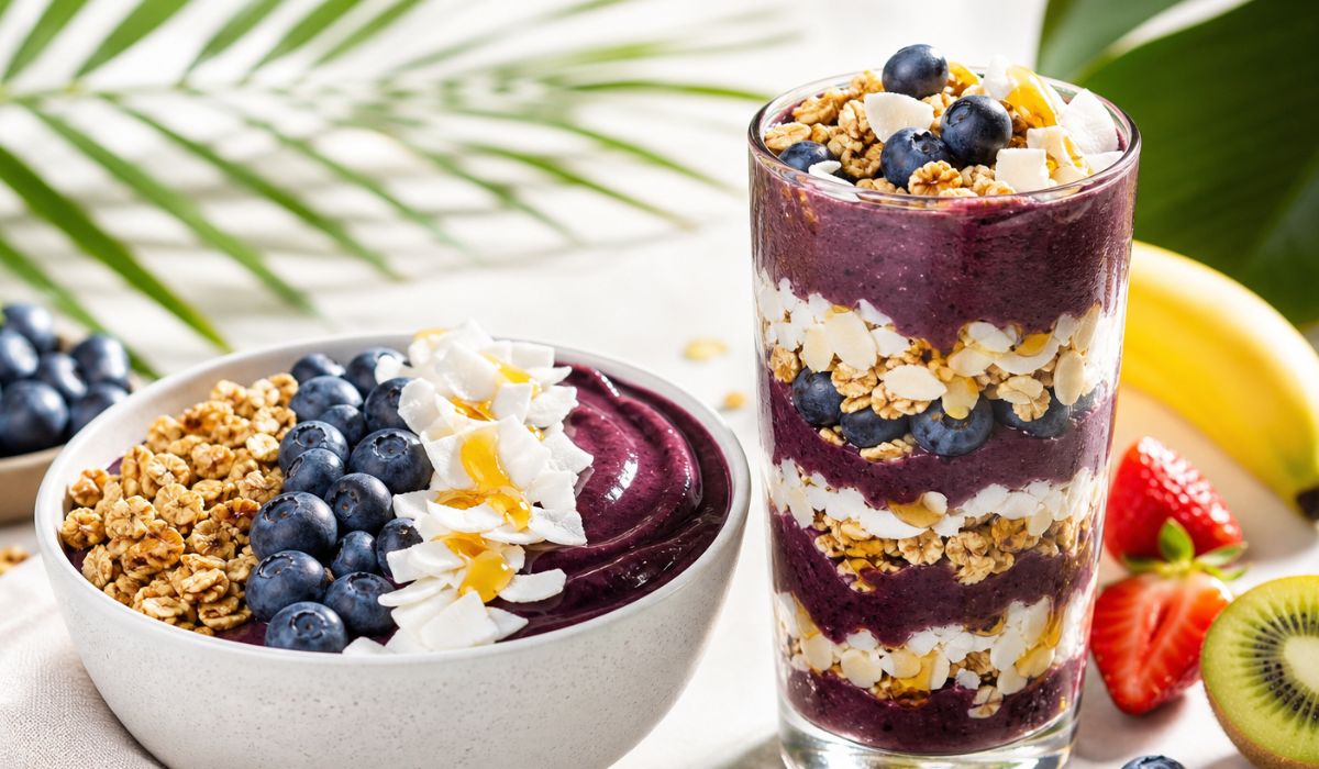 Eine Açaí-Bowl und ein Açaí-Becher.