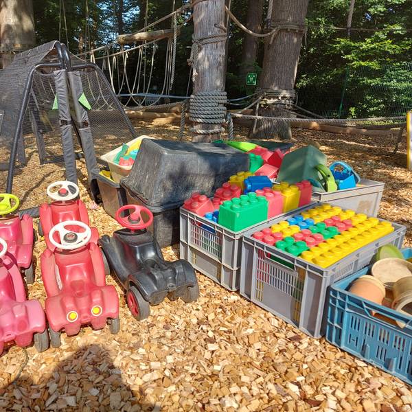 Fünf bunte Bobbycars und große Legosteine aus Kunststoff stehen auf groben Holzspänen.
