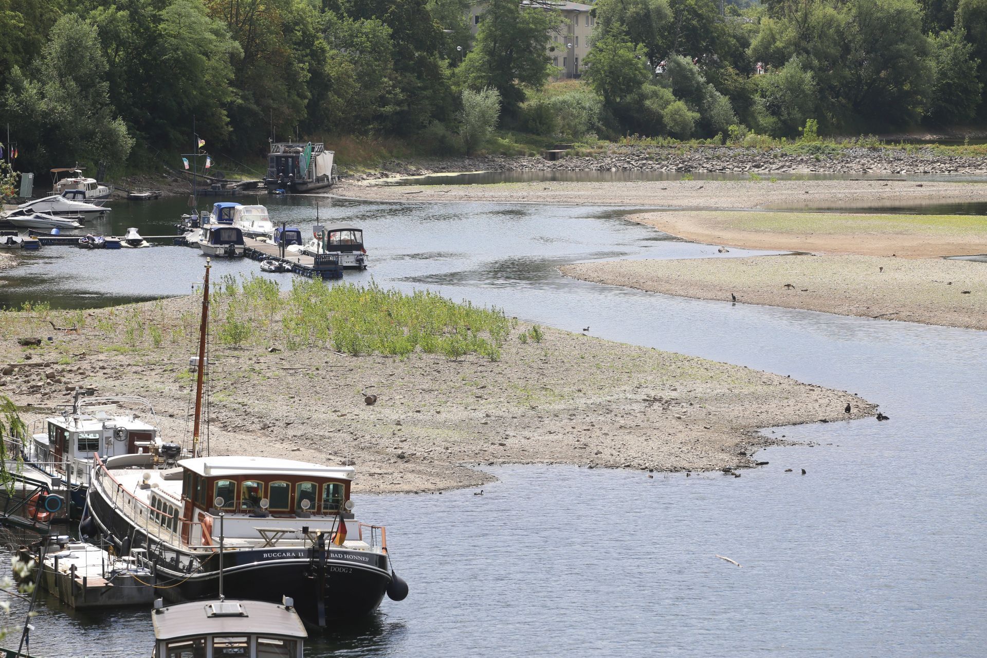 Ein Fluss mit Niedrigwasser. Große Sandbänke sind sichtbar.