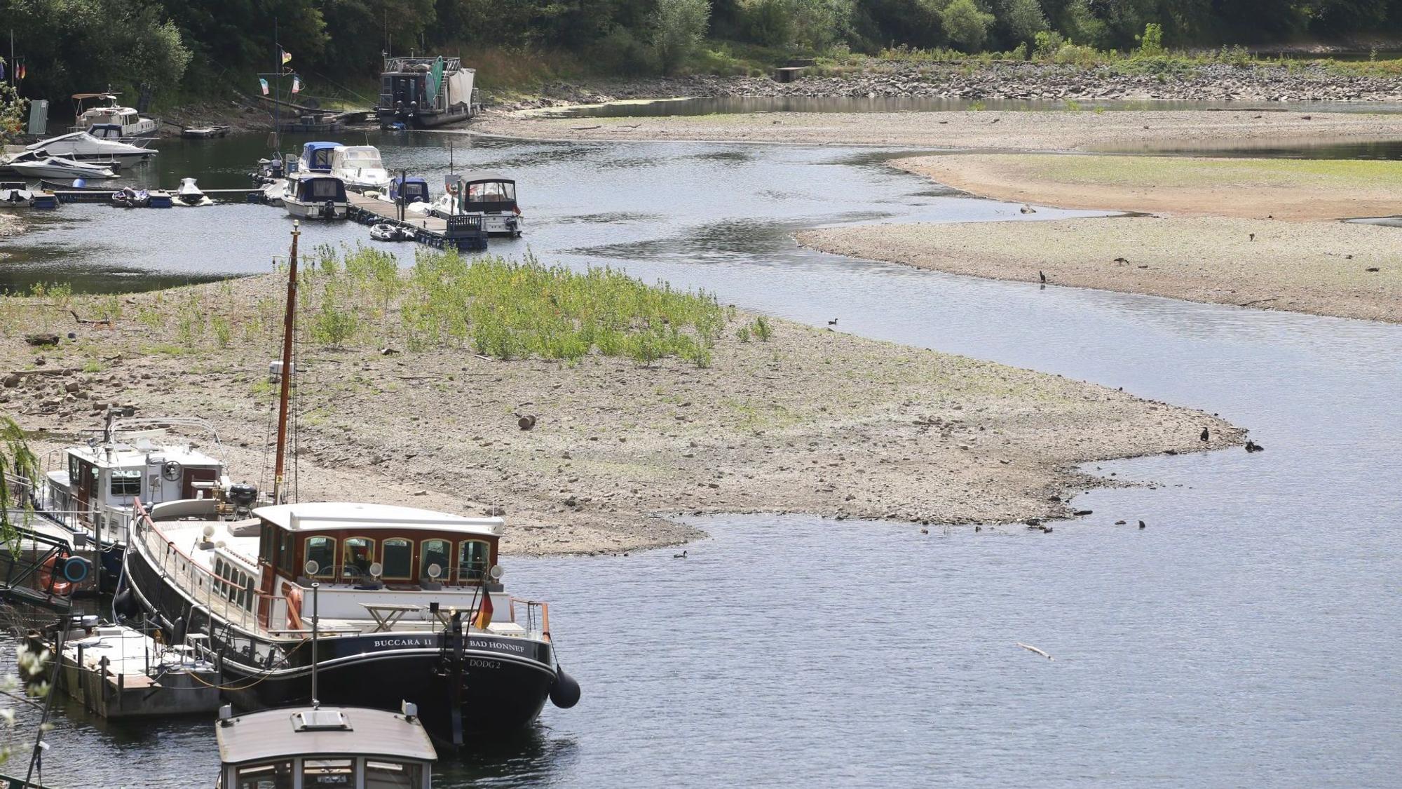 Ein Fluss mit Niedrigwasser. Große Sandbänke sind sichtbar.