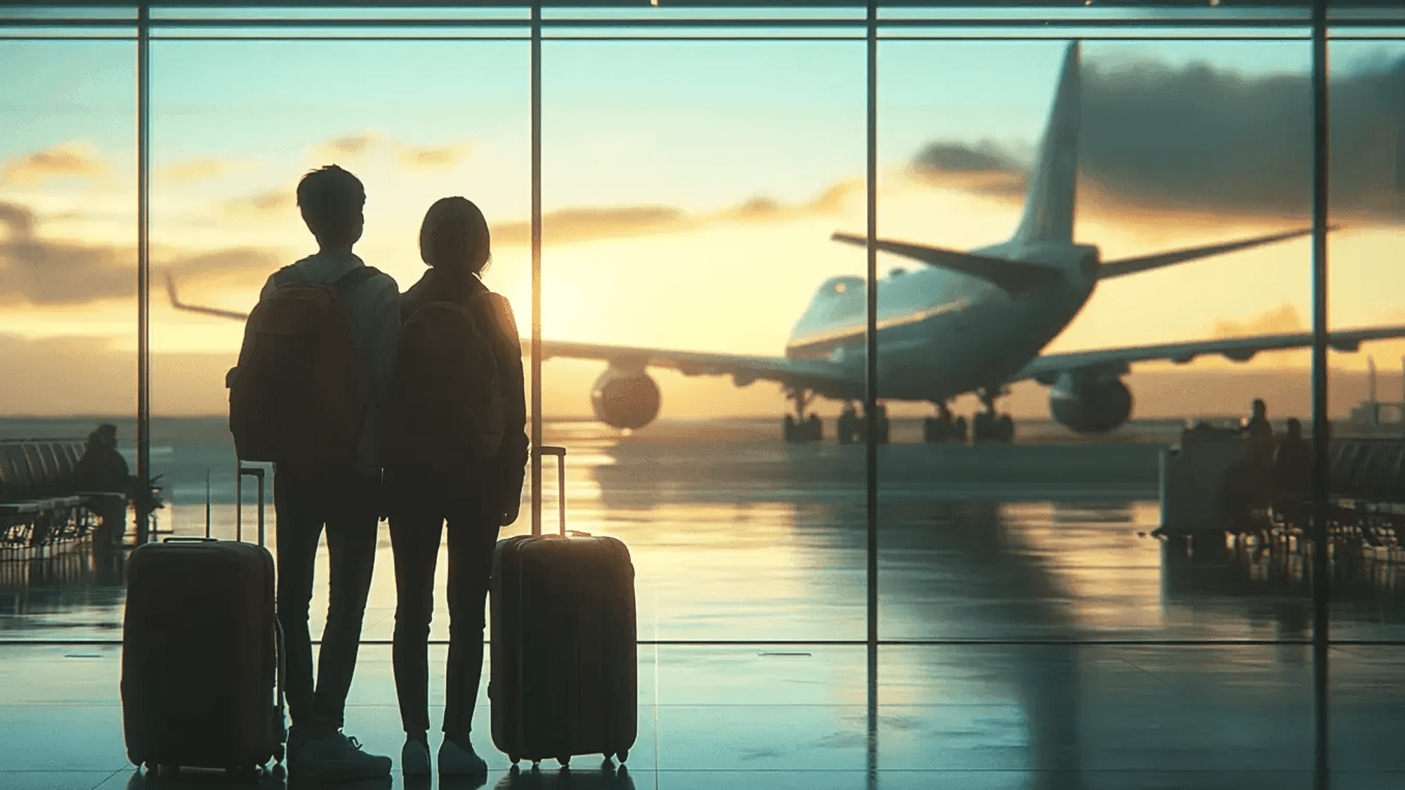 Das Bild zeigt zwei Personen mit Reisegepäck, die auf ein Flugzeug blicken, das bei Sonnenaufgang oder -untergang auf dem Rollfeld steht.