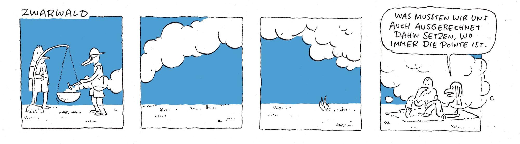 Nicht immer brauchen die Comic-Streifen von Leo Leowald viel Text. Manchmal kommt er auch mit wenigen Worten aus, so wie bei dieser Bilderfolge aus der reichhaltigen Zwarwald-Sammlung.