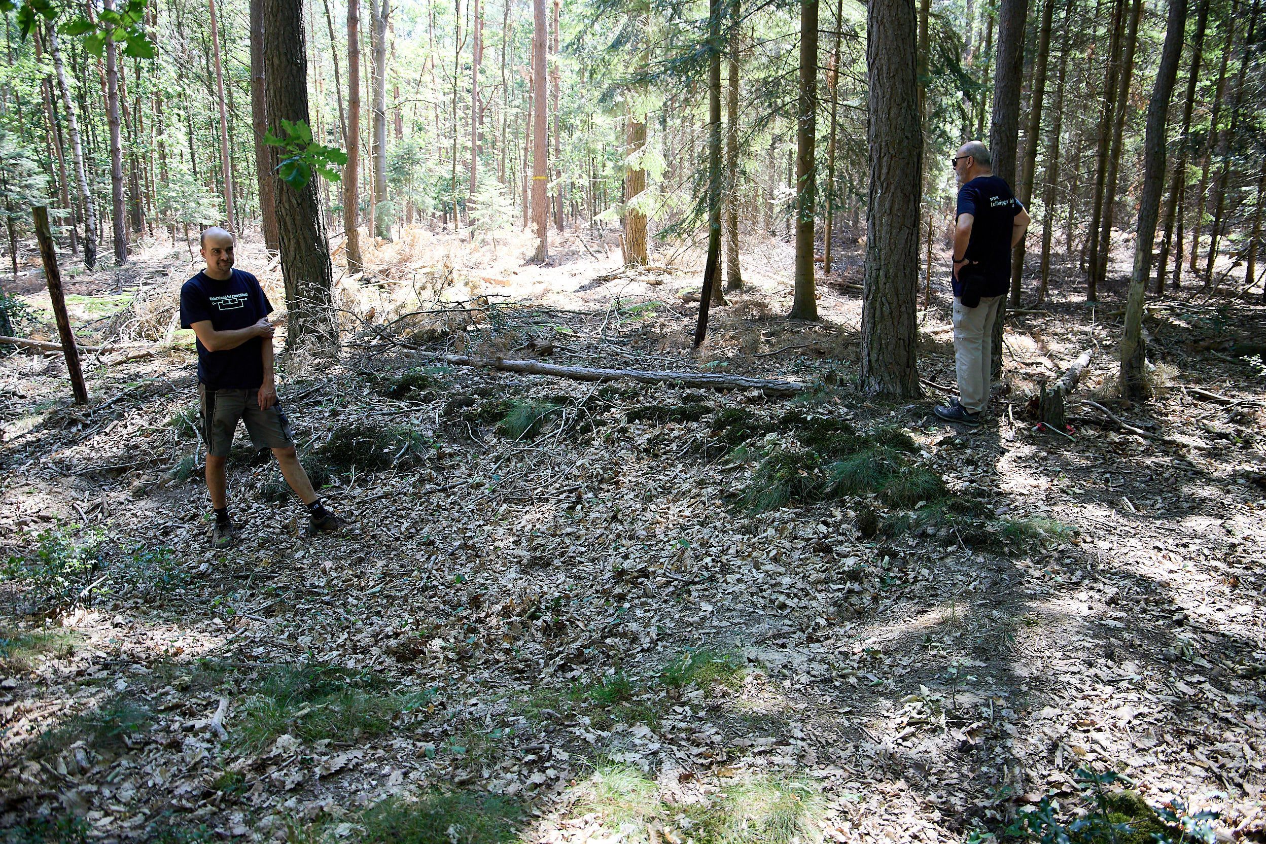Zwei Männer stehen and er Stelle im Wald, an der das Flugzeug damals abgestürzt ist.