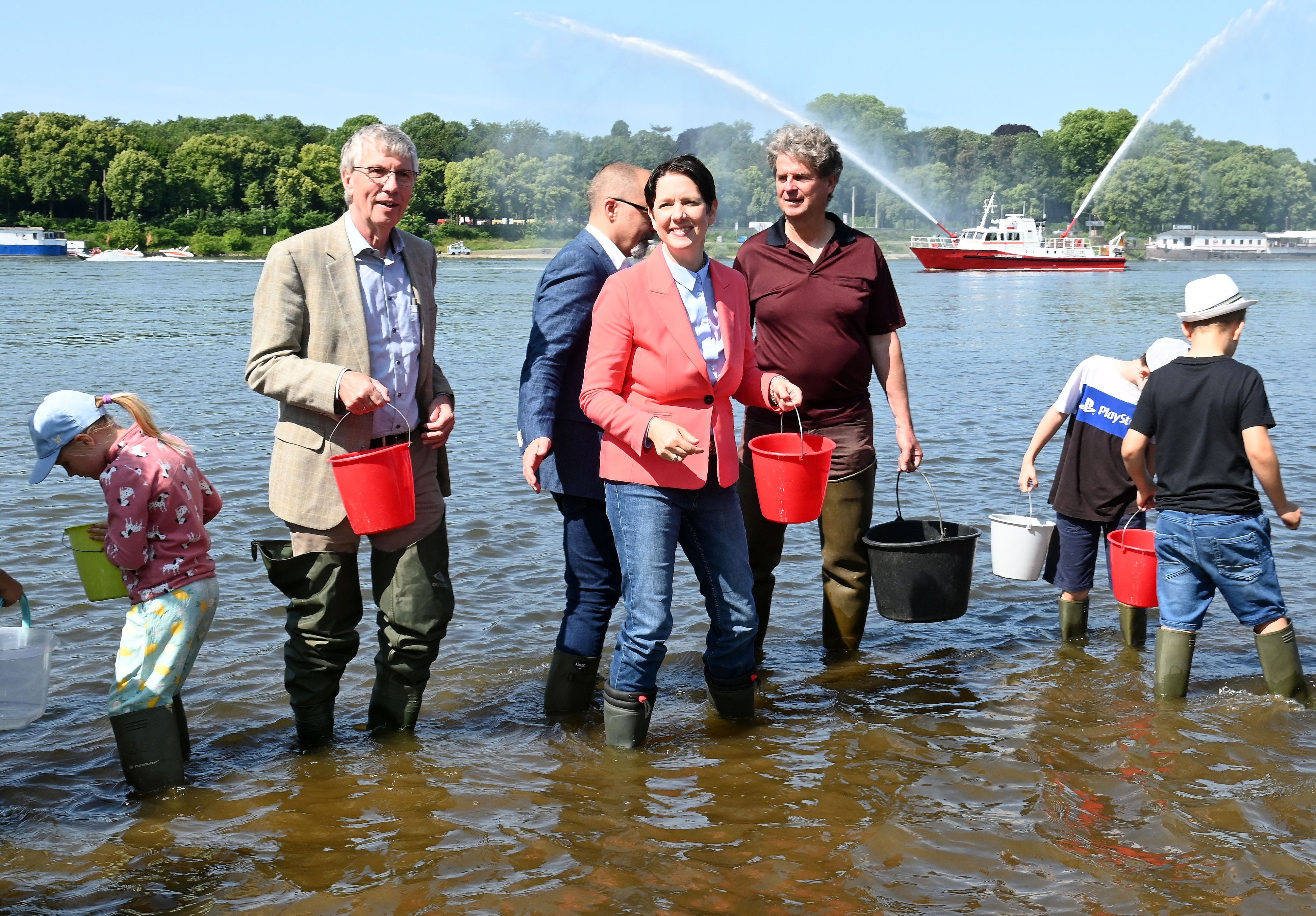 Im Juni 2025 setzte NRW-Landwirtschaftsministerin Silke Gorißen (rote Jacke)  gemeinsam mit Schulkindern in Köln-Poll 50.000 Maifischlarven im Rhein aus.