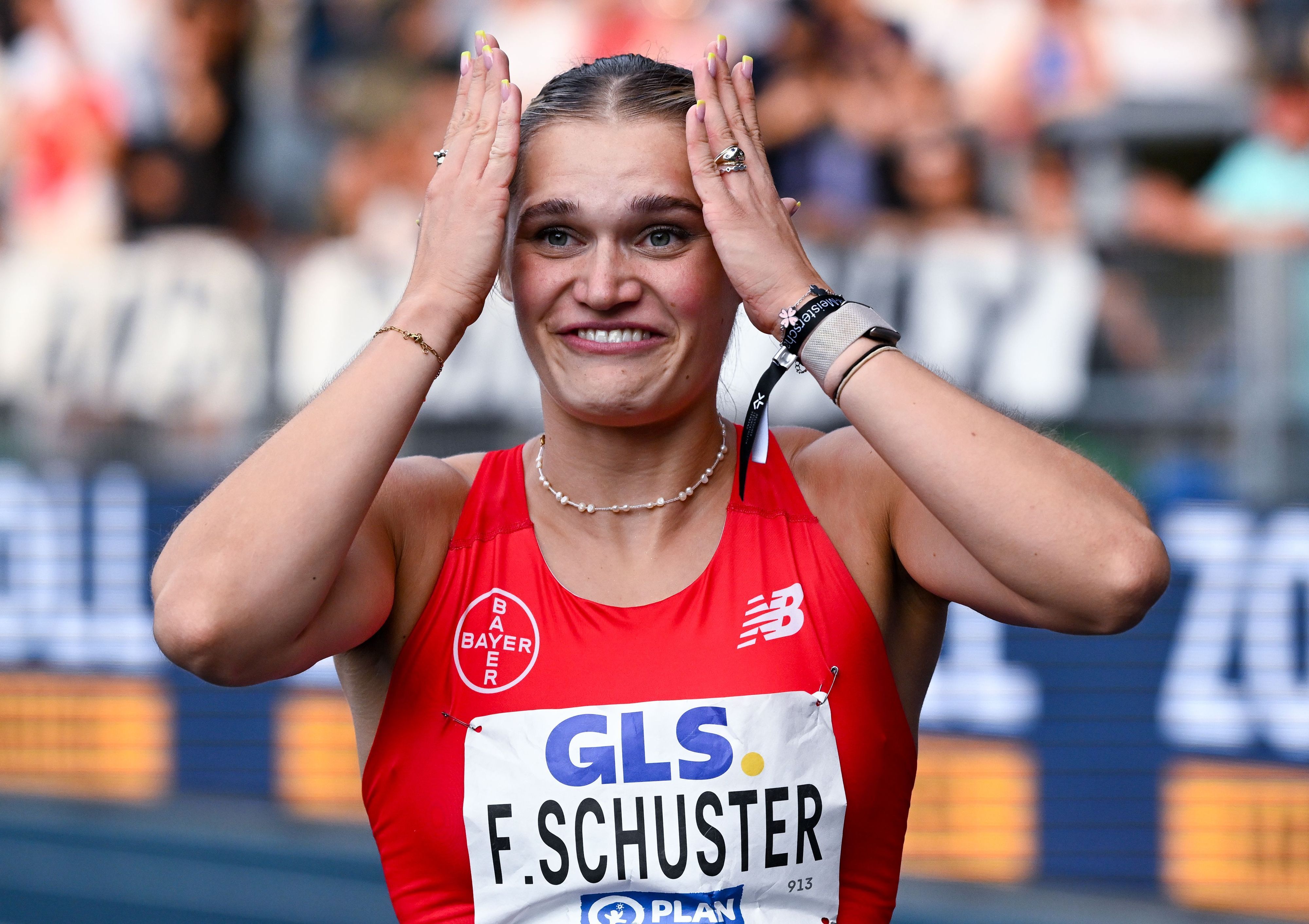 25.07.2026, Nordrhein-Westfalen, Bochum: Leichtathletik: Deutsche Meisterschaft im Lohrheidestadion, Frauen, 100 Meter Hürden, Finale, Franziska Schuster reagiert. Foto: Sven Hoppe/dpa +++ dpa-Bildfunk +++